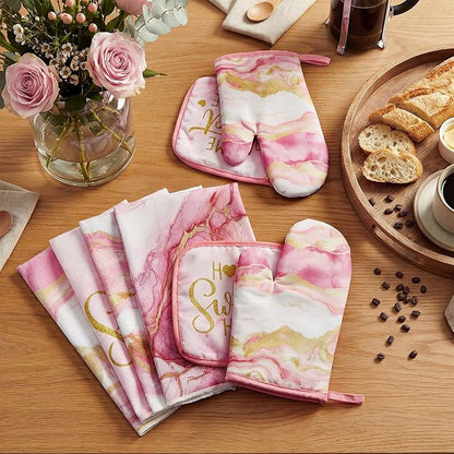 Leinuosen 8 Pcs Kitchen Towels and Dishcloths Sets Oven Mitts and Pot Holders Sets Absorbent Kitchen Gloves Potholders Heat Resistant for Chef Baking Cooking (Pink,Marble)