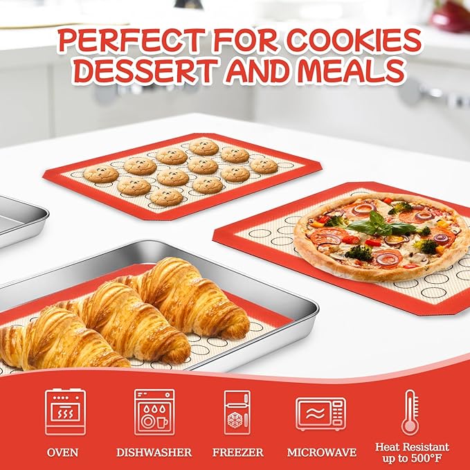 Baking Sheet with Silicone Baking Mat Set,CEKEE Stainless Steel Baking Sheet Pan Tray, Cookie Sheets for Baking, 6PCS Baking Supplies Bakeware Sets for Oven Making Cookies, Macaroons, Bread - Image 7