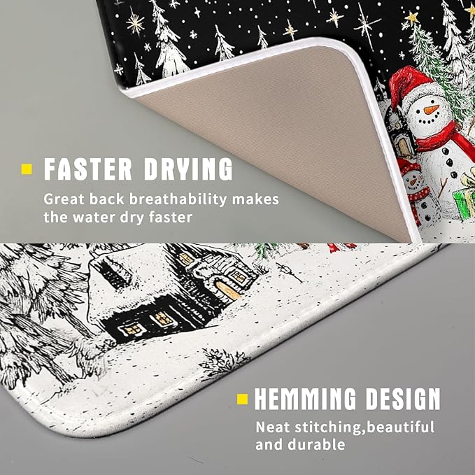 Winter Snowman Dish Drying Mat 18 X 16 in Black Microfiber Dish Pad Absorbent Holiday Kitchen Accessories - Image 3