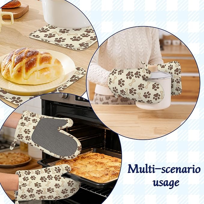 Dog Bone Paw Print Pot Holders and Oven Mitts Set Silicone Cute Animal Paws Kitchen Gloves Potholders Heat Resistant Washable,Chef Cooking Baking Gifts for Women Men Bakers Lover Cooks