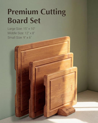 JINGNING Deep-Carbonized Bamboo Cutting Board Set for Kitchen with Wood Storage Stand, Deep Juice Grooves, Easy-Grip Handles & Non-Slip Pads, Premium Kitchen Gift