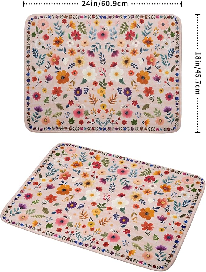 Spring Flowers Dish Drying Mat - Summer Pink Floral Washable Decorative Drying Pad for Women Home Kitchen Decor - Image 2