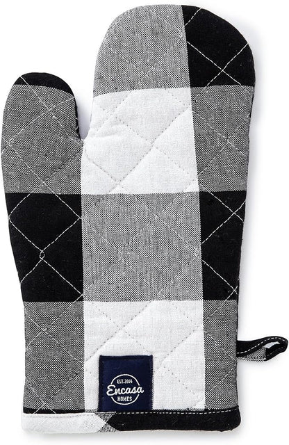 Encasa XO Long 12"x7" Oven Microwave Hand Gloves Mitts (2 pc Set) for Kitchen Cooking & Baking - Heat Resistant, Thick & Safe, Protection of Hands from Hot Utensils - Buffalo Black Checks