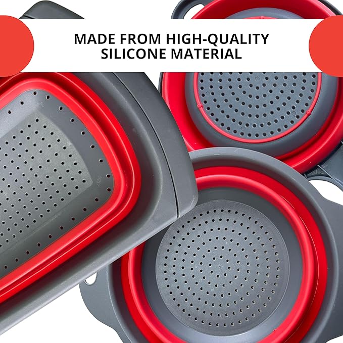 Set of 3 Red Food Strainer for Kitchen - Silicone Sieve Small Foldable Colander for Pasta and Spaghetti Multifunctional Silicone Collapsible Strainer for Camping - Image 3