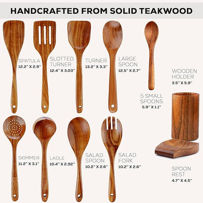 Zulay Kitchen 15-Piece Teak Wooden Utensils for Cooking - Natural Teak Utensil Set with Premium Gift Box - Non-Stick Wooden Spoons for Cooking - Kitchen Gift Set - Comfortable Grip Wooden Utensil Set - Image 3