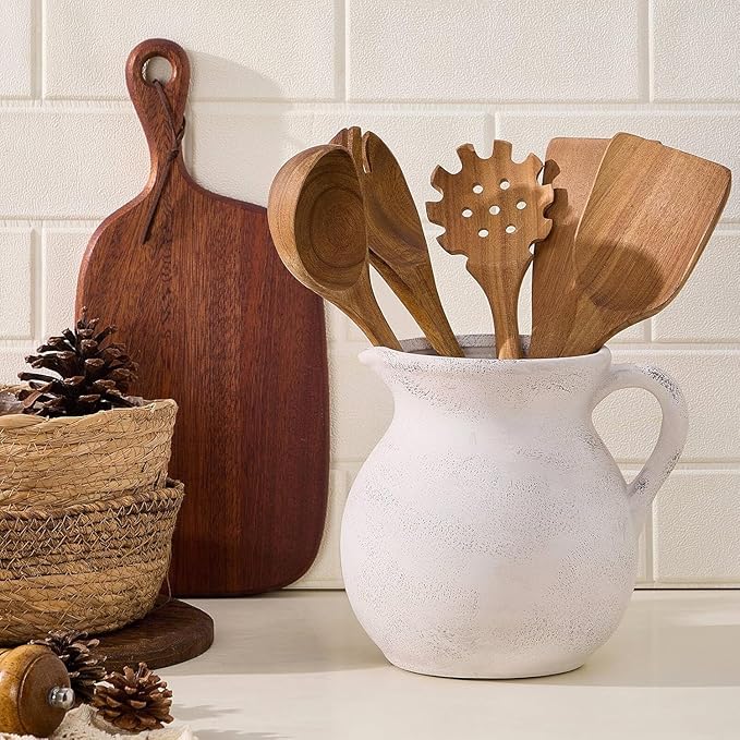 MIYUKI Rustic Kitchen Utensil Holder - 7.6 Inch Ceramic Utensil Crock for Countertop, Vintage Kitchen Counter Decor - Image 2