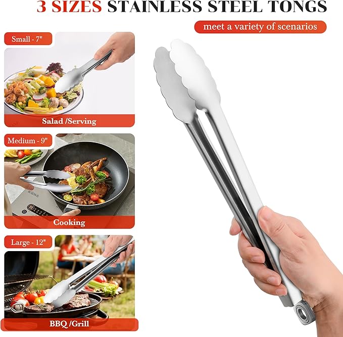 Kitchen Tongs for Cooking - 7 Inch & 9 Inch & 12 Inch Heat Resistant Stainless Steel Metal Locking Tong, BBQ Tongs Grill Tong for Cooking, Grilling, BBQ/Barbecue, Food (7+9+12inch)