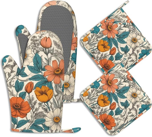 Vintage Floral Potholders & Oven Mitts Sets Abstract Flowers Silicone Heat Resistant Oven Mits and Hot Pads Non-Slip Pot Holders Gloves for Kitchen Chef Cooking Baking Grilling BBQ