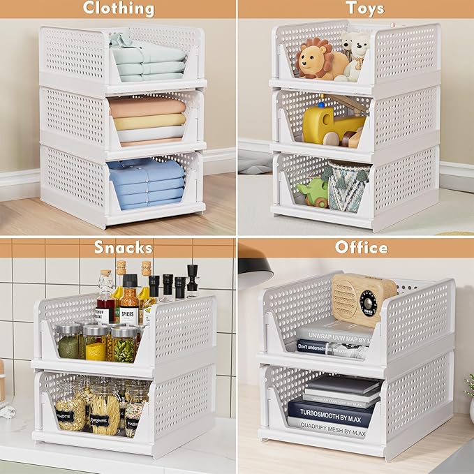 4 Pack Stackable Closet Storage Basket - Stackable Storage Bins, Multifunctional & Foldable Closet Organizer Divided, Wardrobe Cupboard Space-Saving Clothes Storage Hat Organizer, White - Image 5