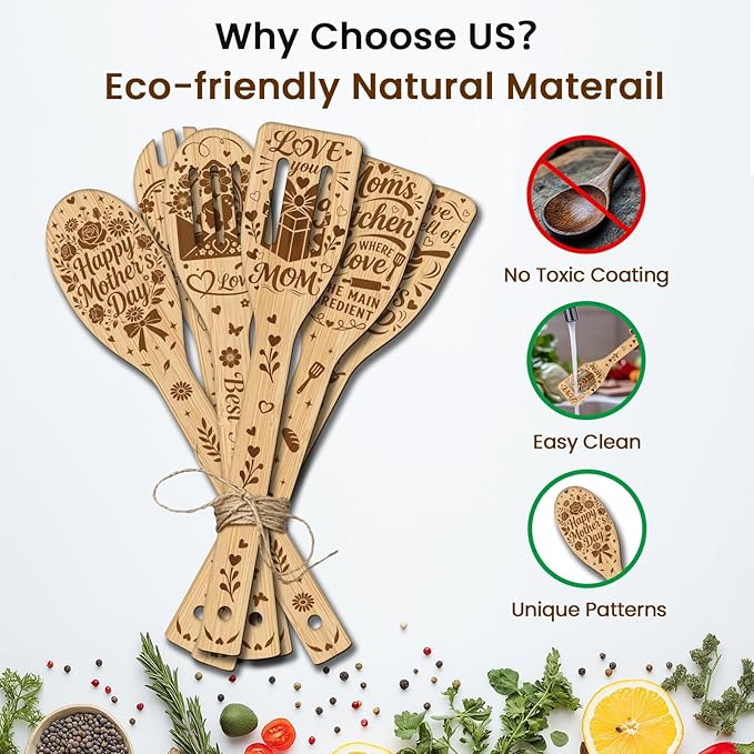 CUTHOLLOW 6PCS Mother's Day Elements Wooden Kitchen Cooking Utensil Set, 11.9in Non Toxic Bamboo Wood Spoon Set for Cooking, Mother's Day Gift for Mom Women