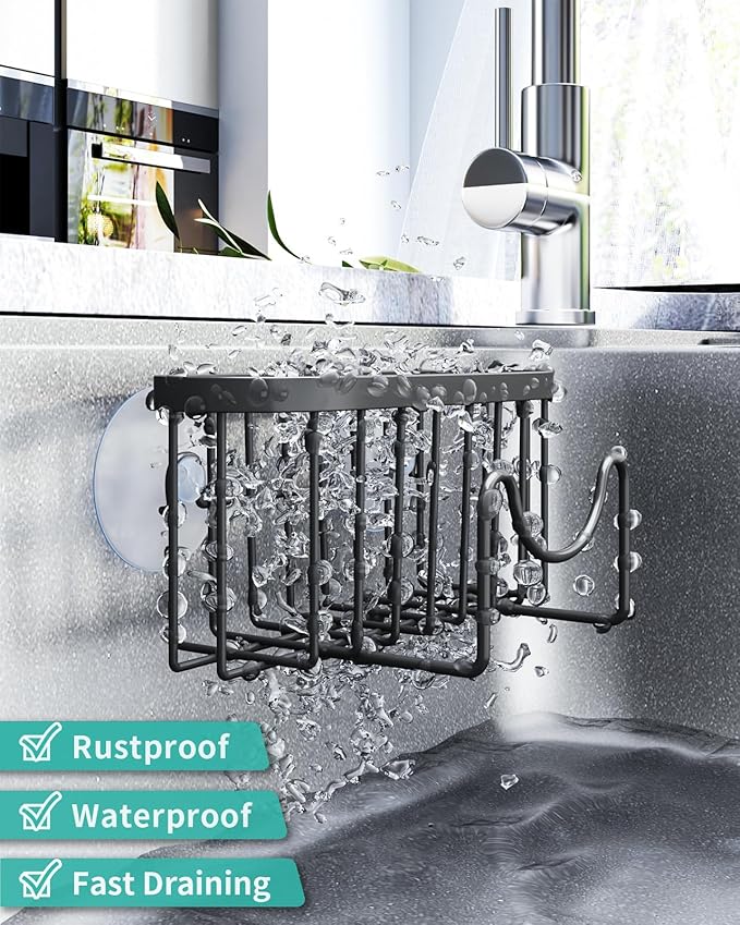 HapiRm Multifunctional Sponge Holder with Unique M-Shaped, 2 Installation Methods Kitchen Sink Caddy Organizer, Rustproof Stainless Steel Kitchen Organizers and Storage Essentials - Black - Image 5