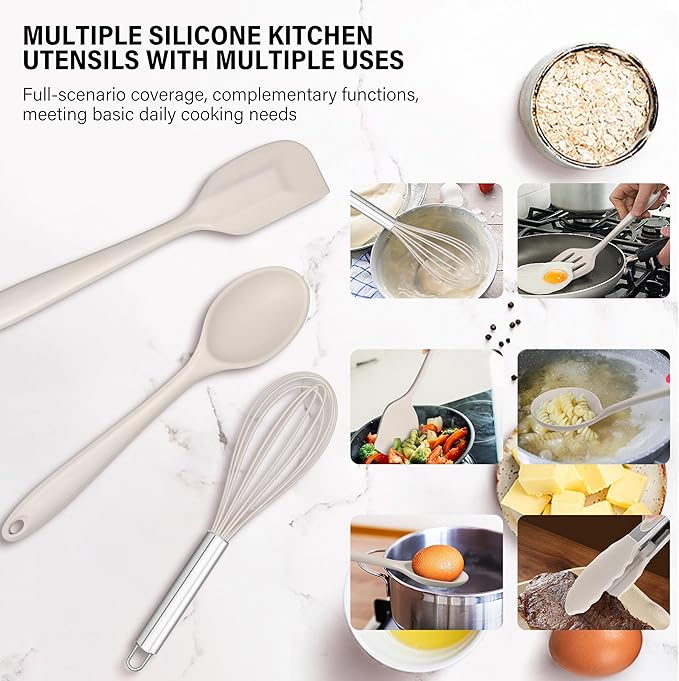 HaWare 11 PCS Silicone Cooking Utensils Set, Heat Resistant Kitchen Utensils with Holder, Food-grade Spatula Sets for Nonstick Cookware, Kitchen Tools Gadgets Include Fish Turner, Spoon (Khaki) - Image 5