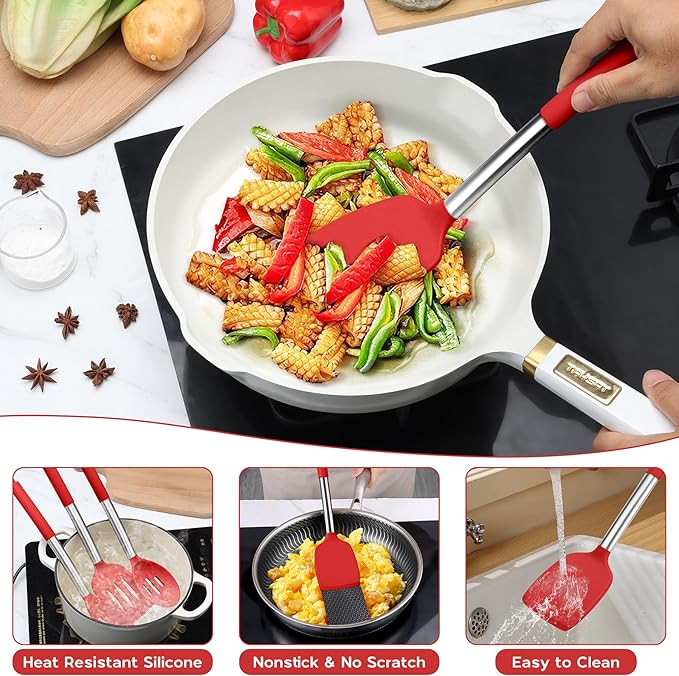 Onader 15 Pcs Silicone Cooking Utensils Set, Red Kitchen Utensils Spatula Set with Holder, Large Kitchen Gadgets Tools for Nonstick Cookware - Image 4