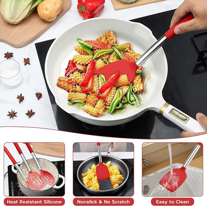 Onader 15 Pcs Silicone Cooking Utensils Set, Red Kitchen Utensils Spatula Set with Holder, Large Kitchen Gadgets Tools for Nonstick Cookware - Image 4