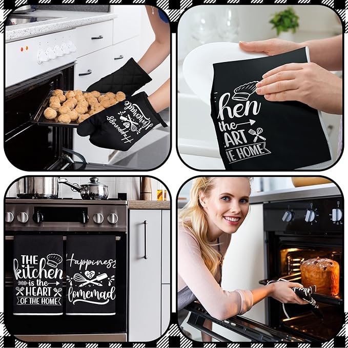Sratte 6 Pcs Kitchen Decor Accessories Set Farmhouse Towels Pot Holders Oven Mitts Set 2 Dish Towels 2 Potholders 2 Cooking Mittens Oven Glove for Christmas Baking Cooking Supply(Black,Kitchen) - Image 4
