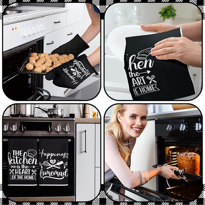 Sratte 6 Pcs Kitchen Decor Accessories Set Farmhouse Towels Pot Holders Oven Mitts Set 2 Dish Towels 2 Potholders 2 Cooking Mittens Oven Glove for Christmas Baking Cooking Supply(Black,Kitchen) - Image 4