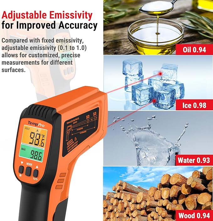 TempPro TP450 2 Laser Temperature Gun for Cooking, 16:1 D:S Ratio Infrared Thermometer Gun for Pizza Oven, Laser Thermometer Gun with Adjustable Emissivity Temp Gun -58 to 1022℉(Previously ThermoPro) - Image 4
