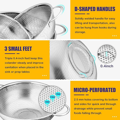 E-far Stainless Steel Colander Set of 3 (1-3-5Quart), Micro-Perforated Metal Colander Strainer with Handle for Kitchen/Draining Pasta/Rinsing Vegetables Fruits, Heavy Duty & Dishwasher Safe - Image 3