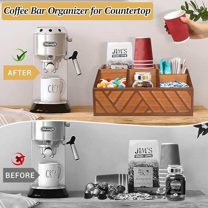 ugiftt Coffee Station Organizer for Counter, Wood Pods Holder Storage Basket, Tea Condiment Storage Organizer, Rustic Coffee Bar Decor for Accessories Organizer - Image 6