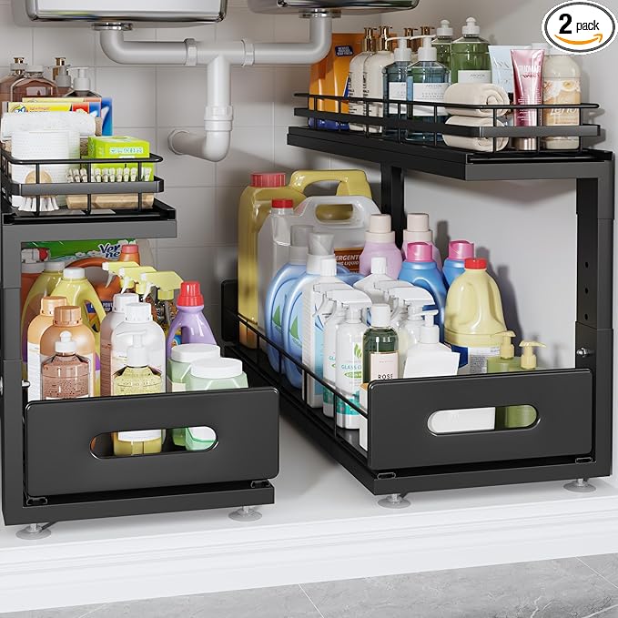 Under Sink Organizer Upgrade To Professional Rails,2-Tier Dual Pull Out Cabinet Storage,Height Adjustable Slide Out Drawers For Bathroom Kitchen,2 Pack-21"Dx12.8"-16.9"H,Black by UnderSinkOrganizer