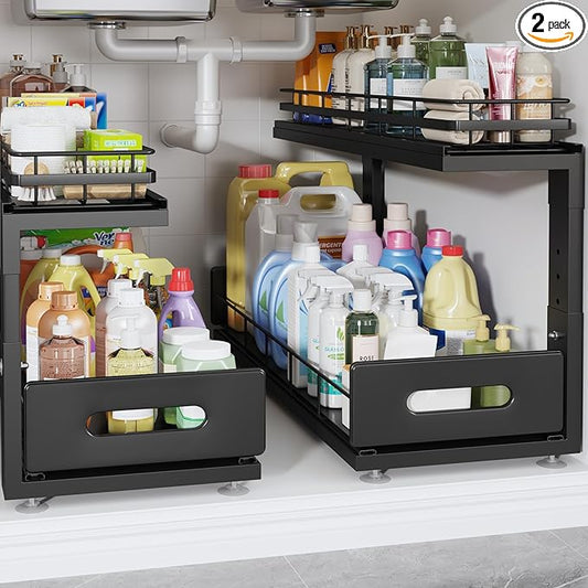 Under Sink Organizer Upgrade To Professional Rails,2-Tier Dual Pull Out Cabinet Storage,Height Adjustable Slide Out Drawers For Bathroom Kitchen,2 Pack-21"Dx12.8"-16.9"H,Black by UnderSinkOrganizer