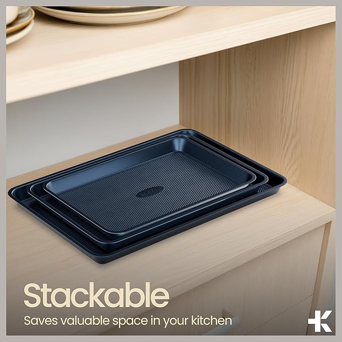BAKKEN Kitchen Baking Pan - Small, Medium, and Large Cookie Sheet (13.58×9.65, 15.75×11, 17.91×12.60), Nonstick, Diamond Texture Bottom, PFOA, PFOS, PTFE Free, Oven Safe Tray (450°F), Pack of 3, Blue - Image 6