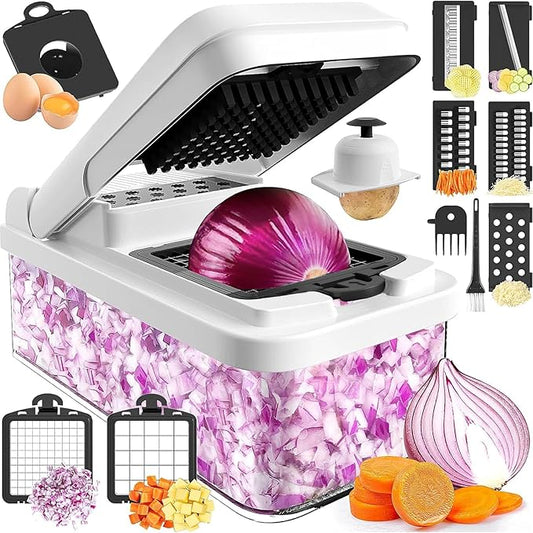 MealHelper 12-in-1 Vegetable Chopper, 7 Blade Veggie Chopper, Practical Food Chopper with Container, Cheese Grater, Home Essentials & Kitchen Gadgets(Black/White)