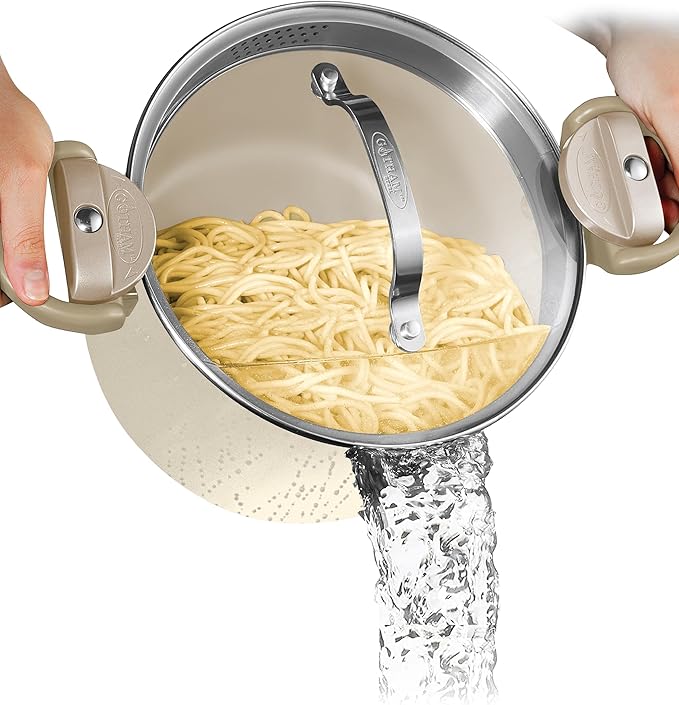 GOTHAM STEEL 5 Qt Ceramic Stock Pot Multipurpose Pasta Pot with Strainer Lid & Twist and Lock Handles, Nonstick Ceramic Pot for Soup, Spaghetti, Rice, Pots for Kitchen, Dishwasher Safe - Cream by GothamSteel