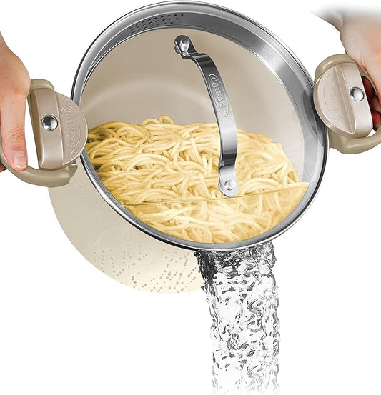 GOTHAM STEEL 5 Qt Ceramic Stock Pot Multipurpose Pasta Pot with Strainer Lid & Twist and Lock Handles, Nonstick Ceramic Pot for Soup, Spaghetti, Rice, Pots for Kitchen, Dishwasher Safe - Cream by GothamSteel