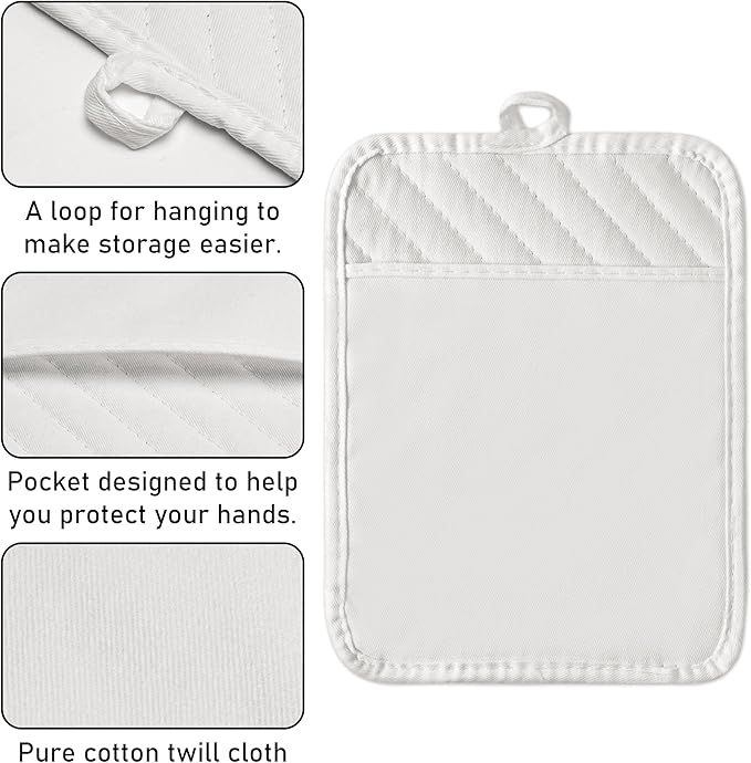 GROBRO7 6Pcs Cotton Oven Mitts and Pot Holders Set Heat Resistant Hot Pads Machine Washable BBQ Gloves with Hanging Loop Durable Pocket Pot Holder for Kitchen Baking Grilling Cooking White - Image 3