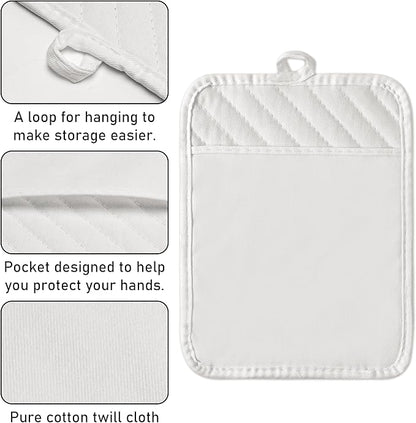 GROBRO7 6Pcs Cotton Oven Mitts and Pot Holders Set Heat Resistant Hot Pads Machine Washable BBQ Gloves with Hanging Loop Durable Pocket Pot Holder for Kitchen Baking Grilling Cooking White - Image 3