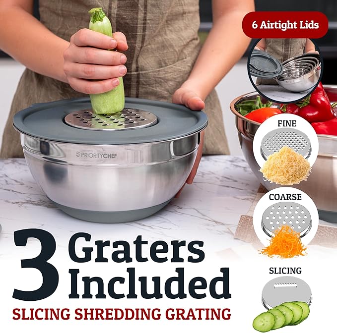 Priority Chef 6Pc Large Mixing Bowls With Lids Set with Non-Slip Bases, Stainless Steel Mixing Bowl Set, 6 Airtight Lids and 3 Graters, Grey - Image 4