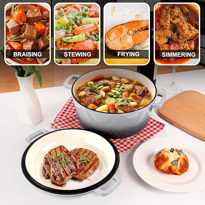 P&P CHEF 5Qt Dutch Oven Pot for Bread Baking (Gray), 2 In 1 Round Cast Iron Dutch Oven with Lid Set, Skillet & Pot for Roasting Braising Stewing Frying Simmering, Multi Stoves & Oven Safe - Image 7