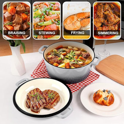 P&P CHEF 5Qt Dutch Oven Pot for Bread Baking (Gray), 2 In 1 Round Cast Iron Dutch Oven with Lid Set, Skillet & Pot for Roasting Braising Stewing Frying Simmering, Multi Stoves & Oven Safe - Image 7