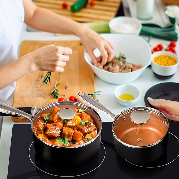 MICHELANGELO Sauce Pan Set, Ultra Nonstick Saucepan Set of 3, Ceramic Saucepans with Lids, 1 Qt & 2 Qt & 3 Qt Small Pot Set, Copper Sauce Pan with Lid - Image 6