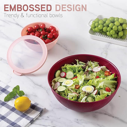 COOK WITH COLOR Mixing Bowls with Lids - 12 Piece Plastic Nesting Bowls Set includes 6 Prep Bowls and 6 Lids, Microwave Safe Mixing Bowl Set, Rose Rhombus - Image 3