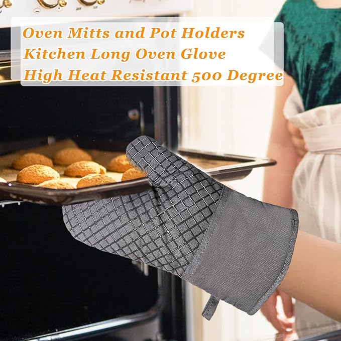 4 Pcs Oven Mitts and Pot Holders,Kitchen Long Oven Glove High Heat Resistant 500 Degree,Extra Thicken Oven Mitts and Potholder with Non-Slip Silicone Surface for Baking,Grilling,Cooking(Grey) - Image 7