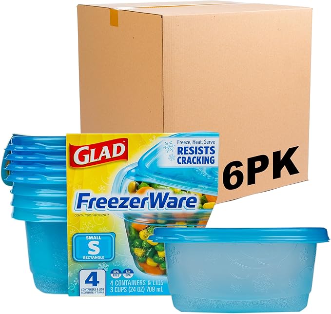 Glad GladWare FreezerWare Food Storage Containers with Lids, Small Rectangle BPA Free Plastic for Freezing Soups and Meal Prep, Crack Resistant, Microwave Dishwasher Safe, 24 Oz, 4 Count - 6 Pack by GladTrashFoodStorage