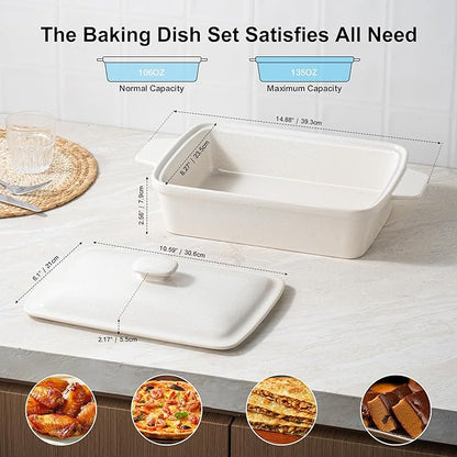 DAFUCERAMIC Casserole dish with Lid, 3.5 Quart Porcelain Baking Dish With Lid, Deep 13 x 9 Casserole Dishes for Oven with Lid, Rectangular Bakeware With Handle, Microwave, Oven Safe