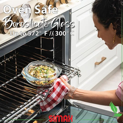Simax Casserole Dish With Lid, 24 Ounce Round Glass Cookware, Oven and Microwave Safe Borosilicate Glass, Made In Europe 0.75 Qt