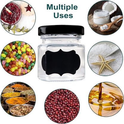 1.5 OZ Mini Hexagon Glass Jars, 48 Pack Empty Honey Jars Small Spice Jars with Black Lids and 50pcs Labels for Jam, Homemade Projects, Gifts, Wedding Party Favors