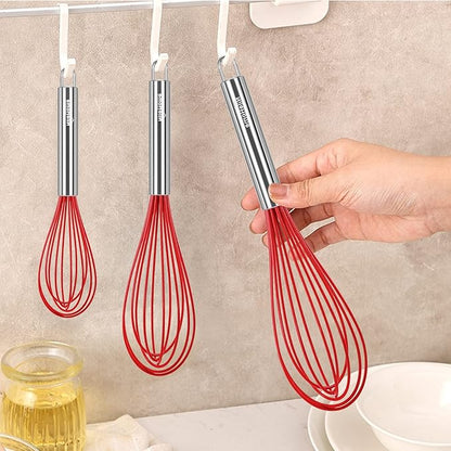 NileHome Whisk Commercial Stainless Steel wisk & Silicone Non-Stick Coated Small Whisk Set 8" 10" 12" Kitchen Wisk Wire Whisks for Cooking 3 Pack, Red - Image 6