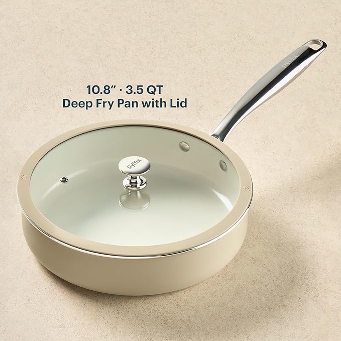 Pyrex 10.8-Inch Deep Fry Pan Ceramic Cookware with Lid & Stainless Steel Handles, Healthy Nonstick Ceramic Coating, Induction Compatible Stainless Steel, PFAS Lead Cadmium BPA Free