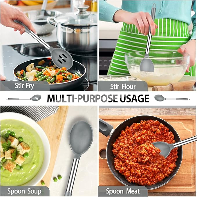 Pack of 4 Large Silicone Cooking Spatulas and Spoons, Slotted and Solid Stainless Steel Cooking Utensils Set, Non-stick Heat Resistant Kitchen for Baking, Fried, Stir-Fry, Mixing, Serving (Grey) - Image 5