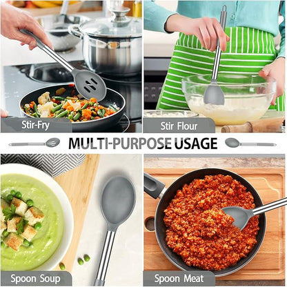 Pack of 4 Large Silicone Cooking Spatulas and Spoons, Slotted and Solid Stainless Steel Cooking Utensils Set, Non-stick Heat Resistant Kitchen for Baking, Fried, Stir-Fry, Mixing, Serving (Grey) - Image 5