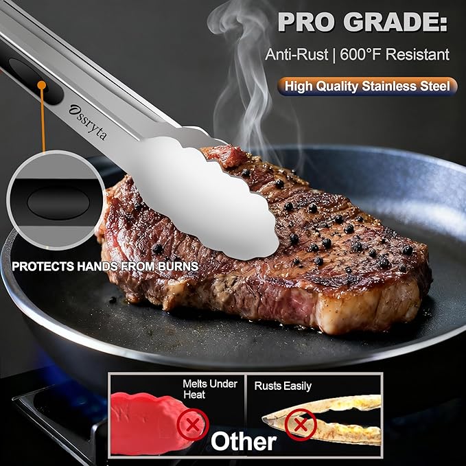 Stainless Steel Cooking Tongs Set of 3 - Heavy Duty 12/9/7 Inch Locking Tongs, Heat Resistant to 600 Degrees, Food Grade Kitchen Metal Tong for Food, Salad, & BBQ - Dishwasher Safe - Image 5