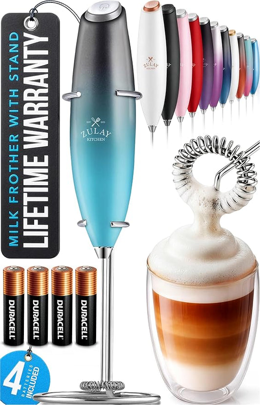 Zulay Kitchen Powerful Milk Frother Wand With 4 AA Duracell Batteries - Ultra Fast Handheld Drink Mixer - Electric Whisk Foam Maker for Coffee, Lattes, Cappuccino, Matcha & Creamer - Marine by ZulayKitchen