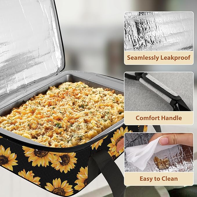 Double Casserole Carrier Bag，Expandable Thermal Food Carrier Insulated Travel Carry Bag for Hot or Cold Food for Picnic Cookouts Potluck Parties Fits 9" x 13" Baking Dish (Sunflower)