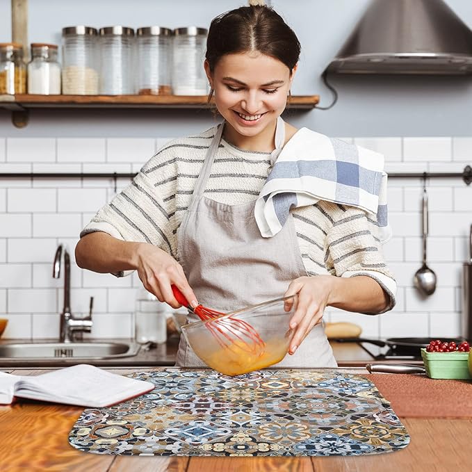 Sanwarm Absorbent Dish Drying Mat, Retro Colorful Tiles Vintage Floral Microfiber Pad for Kitchen Counter, Coffee Bar Decor, Heat Resistant and Reversible, 16" x 18"