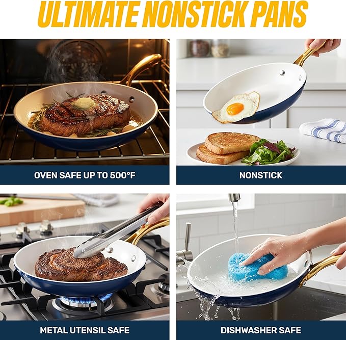 Gotham Steel 15 Pc Ceramic Pots and Pans Set Non Stick, Kitchen Cookware Sets, Pot and Pan Set, Ceramic Cookware Set, Non Toxic Cookware Set, Non Stick Pots and Pan Set, Dishwasher Safe - Navy - Image 9
